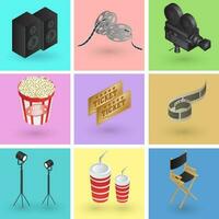 Collection of colorful cinema or movie objects in 3d style. vector