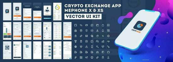 Crypto App UI Kit for responsive mobile app or website with different GUI layout including Login, Create Account, Profile, Transaction and trending screens. vector