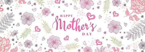 Happy Mother's Day header or banner design decorated with memphis style florals and heart shapes. vector