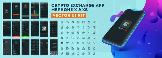 Crypto Exchange App Mephone XE or XS Vectore UI kit with different GUI layout including Login, Create Account, Profile, Transaction and trending screens. vector