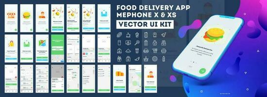 Food delivery mobile app ui kit including sign up, food menu, booking and home service type review screens. vector