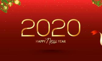 Golden 2020 Happy New Year Text on Red Background Decorated with Pine leaves and Lighting Garland. vector