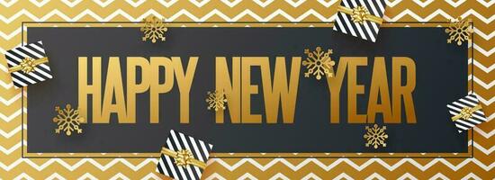 Happy New Year poster or banner design with gift boxes and snowflakes on brown abstract background. vector