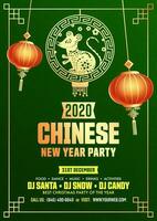 2020 Chinese New Year Party Flyer Design with Hanging Golden Rat Zodiac Sign and Lanterns Decorated on Green Squama Pattern Background. vector