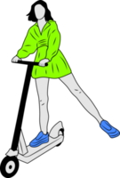 Young female character with backpack ride modern urban transport electric kick scooter. Active hipster adult millennial uses lifestyle ecology technologies. png