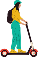 joven hembra personaje con mochila paseo moderno urbano transporte eléctrico patada scooter. activo hipster adulto milenario usos estilo de vida ecología tecnologías. png