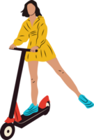 jong vrouw karakter met rugzak rijden modern stedelijk vervoer elektrisch trap scooter. actief hipster volwassen millennial toepassingen levensstijl ecologie technologieën. png
