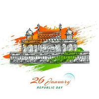 Sketching of Indian Monument Red Fort with green and saffron brush stroke effect on white background for 26 January, Republic Day. vector