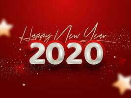 Happy New Year 2020 Font in Golden and White Color and Confetti Decorated on Red Background. vector