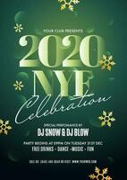 2020 NYE Celebration Template or Flyer Design with Golden Snowflakes Decorated on Green Glossy Circle Pattern Background. vector