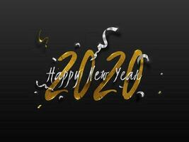 Golden and Silver Happy New Year 2020 Text Decorated with Confetti Ribbon on Black Background. vector