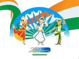 Classical women dancer in sticker style with Ashoka Wheel and wavy tricolor ribbon on white background for 26 January, Republic Day celebration. vector