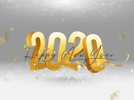 3D Golden 2020 Text with Confetti Ribbon on Grey Bokeh Background for Happy New Year Celebration. vector