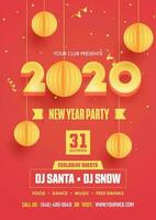 New Year Party Flyer Design with 3D Yellow 2020 Text and Hanging Paper Cut Baubles Decorated on Red Background. vector