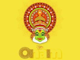 elegante texto contento onam y ilustración de Kathakali bailarín cara en amarillo antecedentes para festival celebracion concepto. lata ser usado como bandera o póster diseño. vector