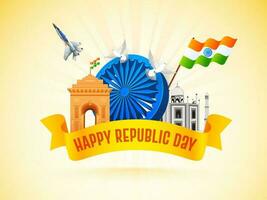 3D Ashoka Wheel with India Gate, Taj Mahal monument, wavy flag and fighter jet for Happy Republic Day celebration poster design. vector