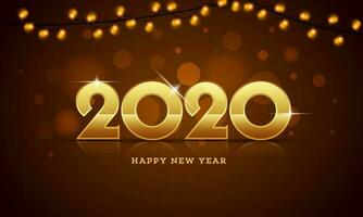 Golden text 2020 Happy New Year and lighting garland decorated on brown bokeh background. vector