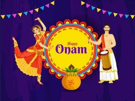 Creative poster or banner design with illustration of woman classical dance pose and drummer man for Happy Onam celebration concept. vector