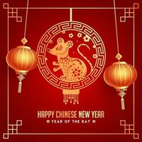 Red Seamless Squama Pattern Background Decorated with hanging Golden Rat Zodiac Sign and Lanterns for Year Of The Rat, Happy Chinese New Year Celebration. vector