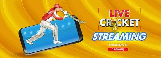 Live Streaming Cricket header or banner design with illustration of batsman playing action yellow wavy abstract background. vector