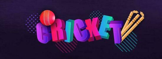 3D text with abstract purple background for Cricket Match header poster or banner design with wicket and ball equipment. vector