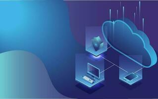 3D isometric illustration of security shield connected with pc and cloud server for data protection concept landing page or web template design. vector