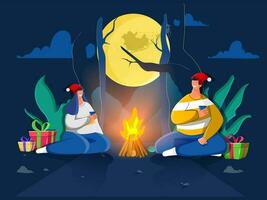 Happy couple character enjoying drink with gift boxes and bonfire on full moon nature view background. Can be used as greeting card design. vector