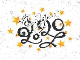 Happy New Year 2020 Text Decorated with 3D Golden Stars, Spheres and Black Confetti on White Background. vector