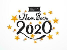 Creative Black Text Happy New Year 2020 Decorated with 3D Stars and Spheres on White Background. vector