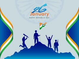 Silhouette Army Soldiers holding Wavy Indian Flag on Blue Mountain for 26 January Happy Republic Day Concept. vector