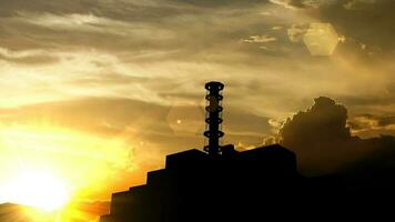 Chernobyl power plant, Russia over sunset, 3d animation. video