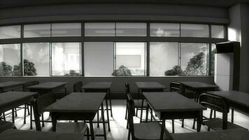 Window view of empty classroom video