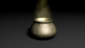 Magical pot with bright particles, zoom in animation. video