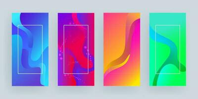 Promotional template or vertical banner design with abstract fluid art background in four color option. vector