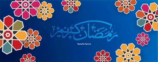 Shiny blue color background with illustration of colorful geometric flower and arabic text of Ramadan Kareem Header or banner design. vector