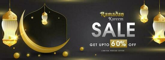 Website header or banner design with golden crescent moon, illuminated lanterns and discount offer for Ramadan Kareem Sale. vector