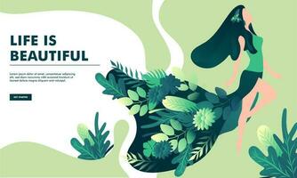 Life Is Beautiful poster or banner design with illustration of young woman with natural leaves on abstract background. vector