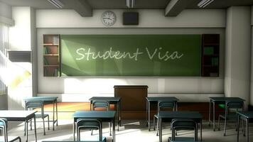 salón de clases negro tablero texto, estudiante visa. video