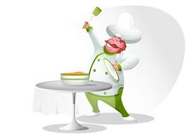 Happy chef character presenting dish on table. vector