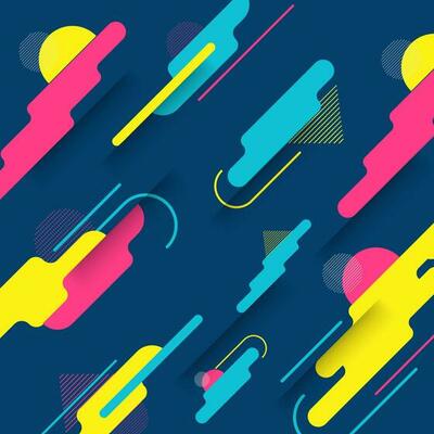 Abstract colorful dynamic geometric seamless pattern decorated blue background.