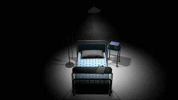 soltero hospital cama en un oscuro habitación. video