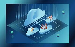 Cloud storage or data sharing concept based design, people working in different platforms, digital devices connected cloud server design in 3d style. vector