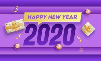 Happy New Year 2020 Text with Top View Gift Boxes and Baubles on Purple Overlapping Paper Background vector