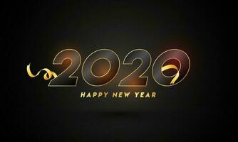 Happy New Year 2020 Text with Golden Ribbon on Black Background. vector