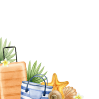 viaje naranja maleta, a rayas playa bolsas, tropical hojas, estrella de mar, conchas marinas y frangipani flores marco con verano playa accesorios y tropical hojas. acuarela ilustración. aislado. png