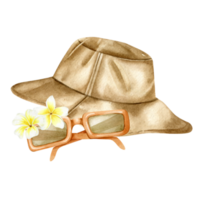 Brown sun hat with orange sunglasses and plumeria flowers. sun protection. Beach Headwear. Vacation accessories and clothing style element. Watercolor hand drawn illustration. Isolated. png