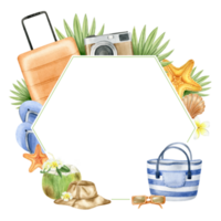 Travel orange suitcase, striped beach bag, panama hat, photo camera, tropical leaves, starfish, coconut. Frame with summer beach accessories and tropical leaves. Watercolor illustration. Isolated. png