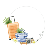 Travel orange suitcase, striped beach bag, photo camera, tropical leaves, sunglasses and headset. Round frame with summer beach accessories and tropical leaves. Watercolor illustration. Isolated. png
