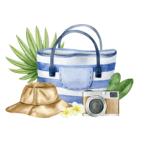 Striped beach bag, panama hat, photo camera, tropical leaves and plumeria flowers. Tourism. Summer vacation. Watercolor illustration. Isolated png