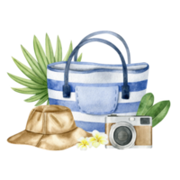 a strisce spiaggia Borsa, Panama cappello, foto telecamera, tropicale le foglie e plumeria fiori. turismo. estate vacanza. acquerello illustrazione. isolato png